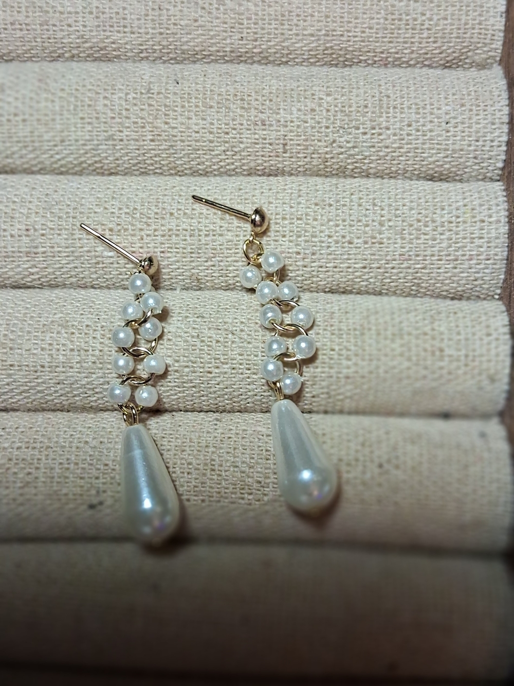 Gold-Tone Pearl Cascade Drop Earrings with Teardrop Accent